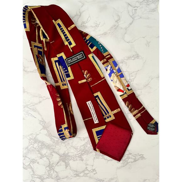 Vtg Baseball Tie Saturday Evening Post 100% Silk Red Pattern Fan Mens 90s Bat - Picture 4 of 5